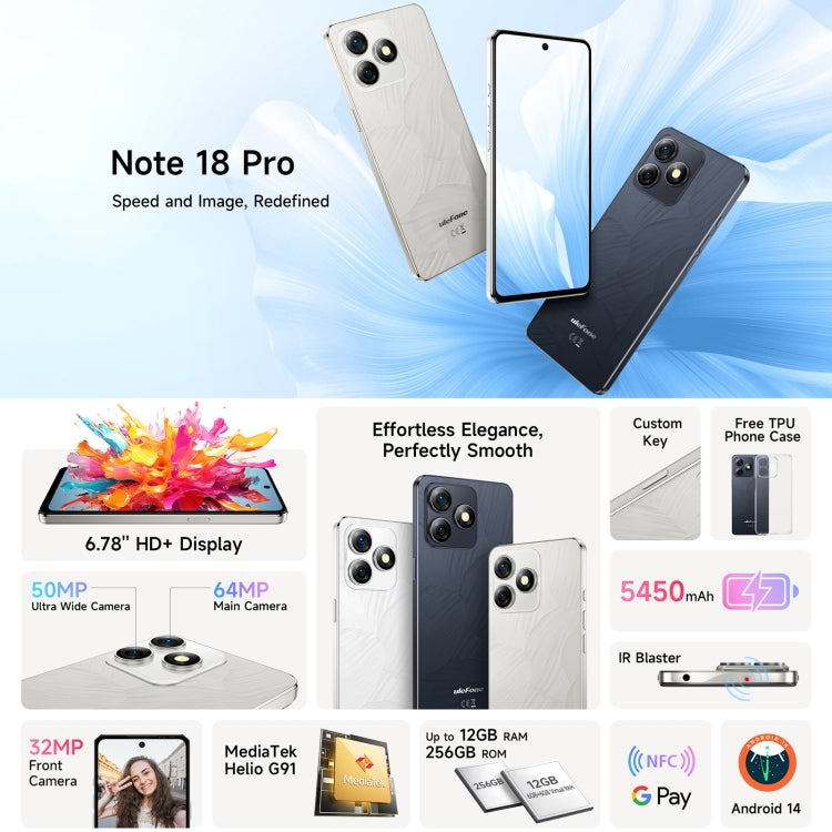 Ulefone Note 18 Pro, 6GB+256GB, Face ID & Side Fingerprint, 6.78 inch Android 14 MediaTek Helio G91 MTK6769 Octa Core, Network: 4G, Dual SIM, OTG, NFC Ulefone Note 18 Pro, 6GB+256GB, Face ID & Side Fingerprint, 6.78 inch Android 14 MediaTek Helio G91 MTK6769 Octa Core, Network: 4G, Dual SIM, OTG, NFC